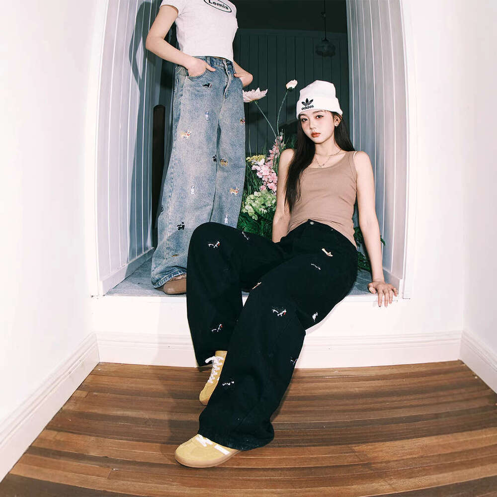 Cartoon Puppy Embroidery Fashion Jeans For Men, Fashionable Spring Couple Straight Pants, Loose Niche Casual Pants B5