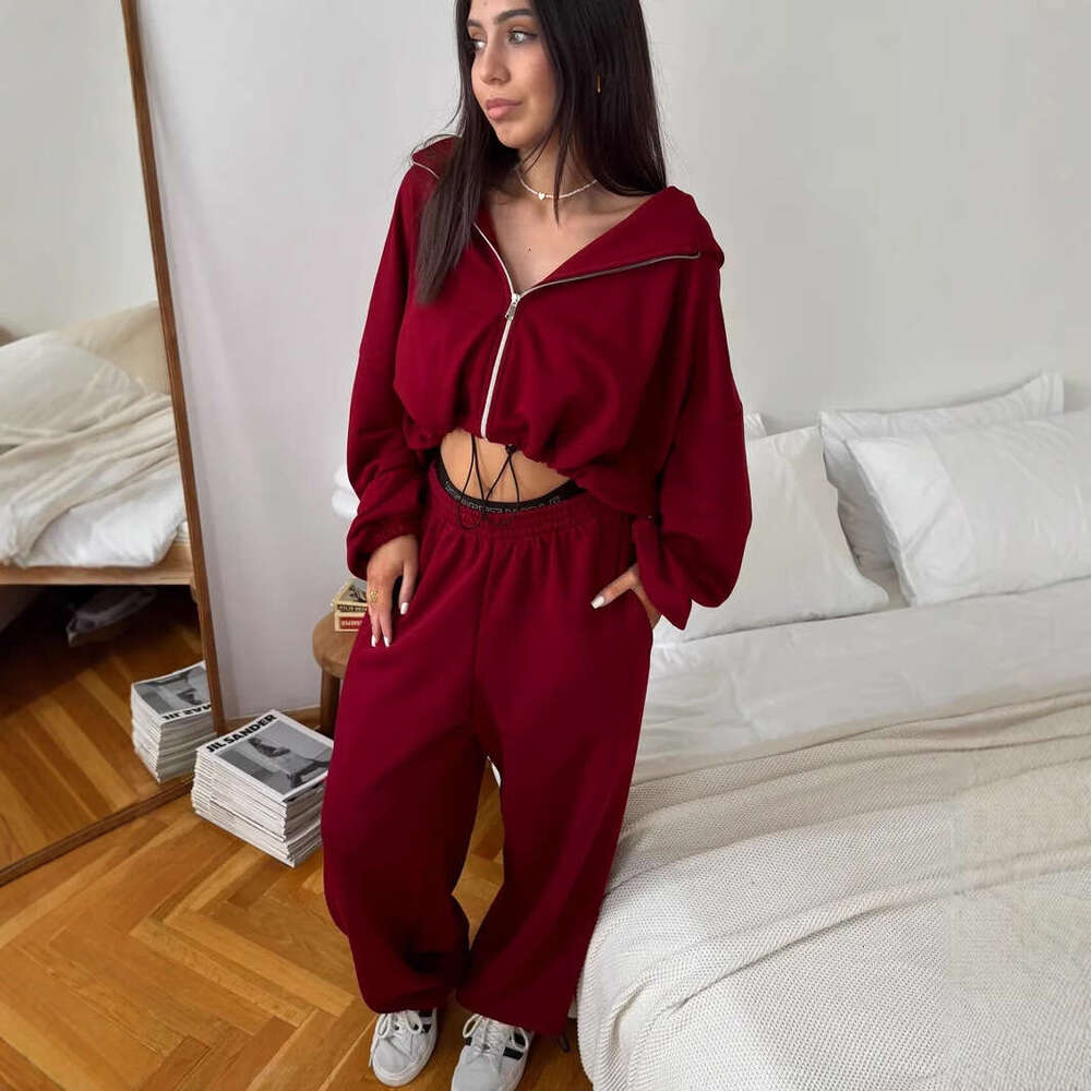 European And American Style Women's Casual Solid Color Long Sleeve Zipper Cardigan Drawstring Hooded Sweatshirt Sports Elastic Pants Two-Piece Se