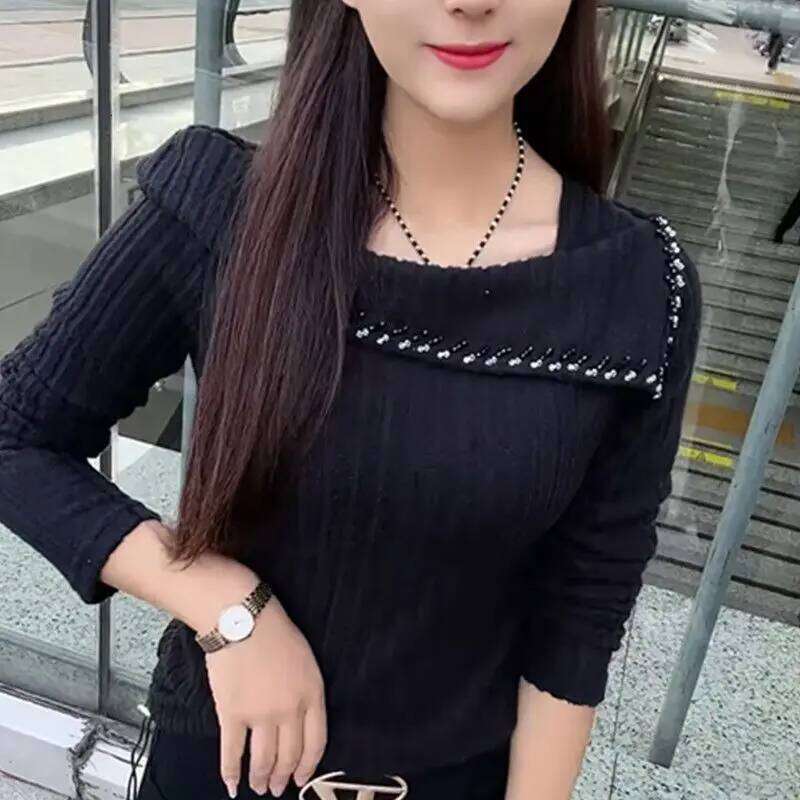 Women's Clothing Square Neck Pit Striped Long Sleeved Pullover Sweater For Women Autumn Winter Sexy Slim Fit Elegant Knitted Top Designer Sweater