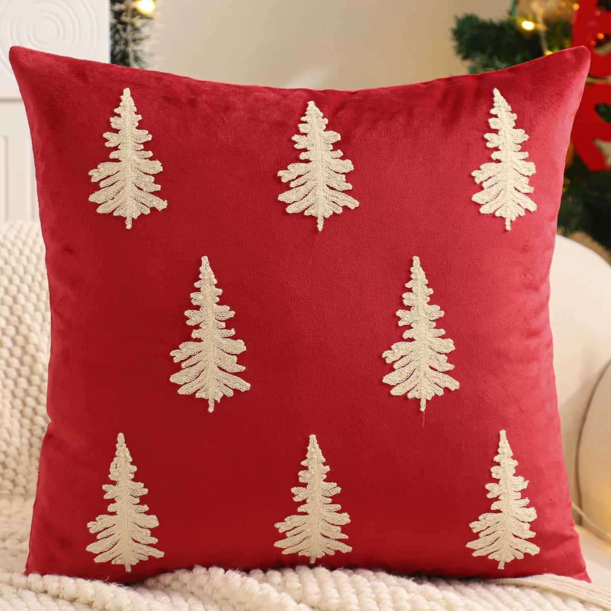 Embroidery Throw Pillow Cover Christmas Decoration Velvet Soft Christmas Tree Snowflake Winter Farmhouse Home Sofa Living Room Y251105