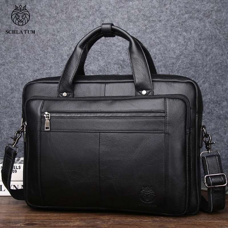 SCHLATUM Genuine Leather Bussiness Briefcases Black For Men Handbags Laptop Briefcase Bags 16 Inch Office Computer Bag