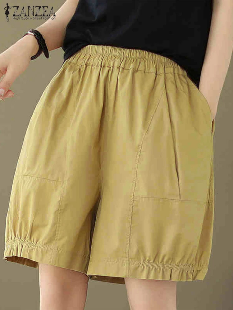 2025 ZANZEA Summer Elastic Waist Fashion Shorts for Women High Casual Solid Pocket Loose Pants Oversized 250401