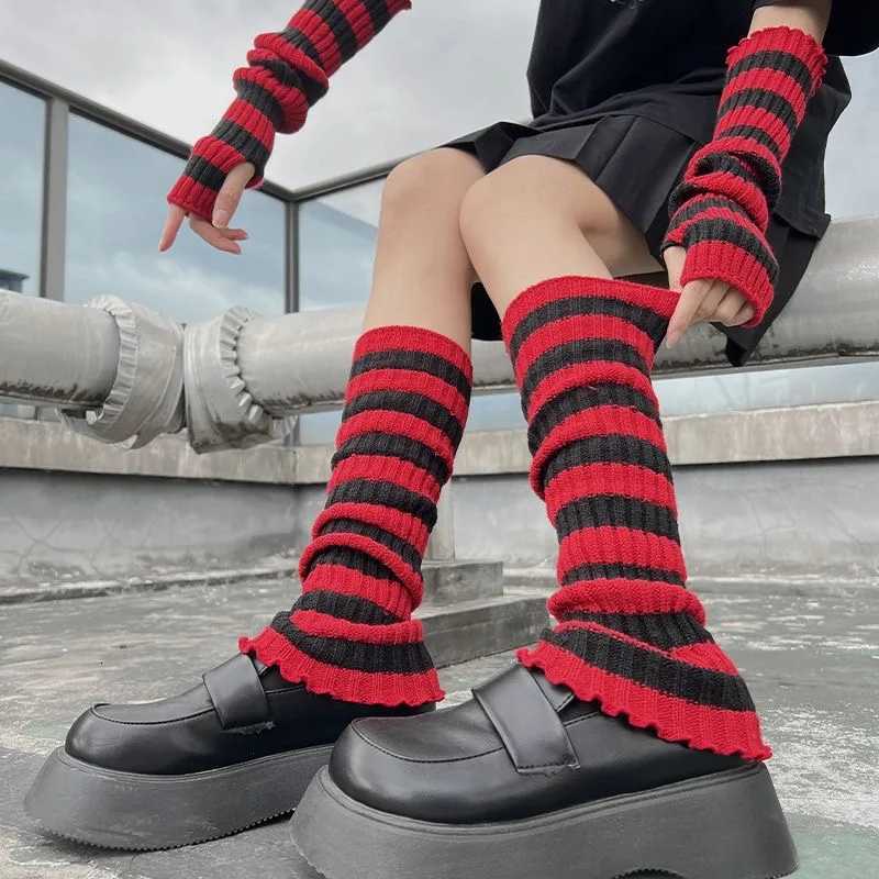 Striped Winter Arm Warmer Knit Red Long Fingerless Gloves Knitted Christmas Wrist Warmers with Thumb Hole for WomenL251105