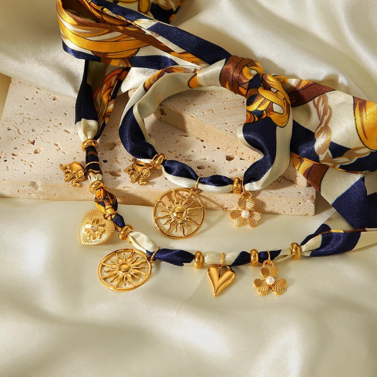 Elegant Silk Satin Necklace Bracelet Set Women Sunflower Bracelet Stainless Steel Necklace Set Autumn And Winter Accessories 251031