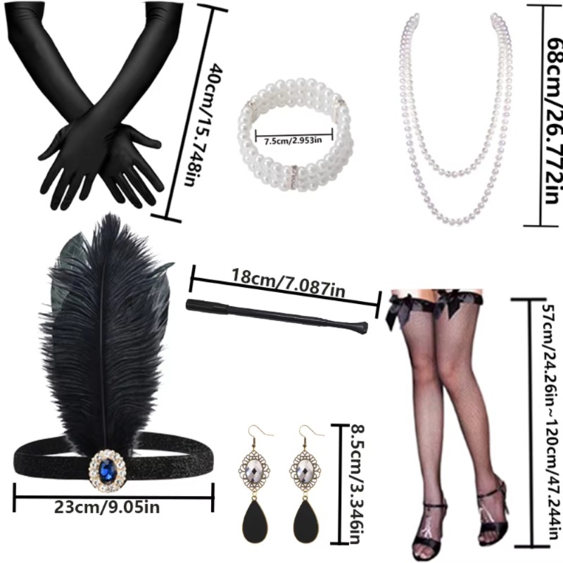 7 pieces of 1920 fashionable women's clothing accessories, feather headbands, necklaces, gloves, cigarette sticks, fishing net socks and other wo