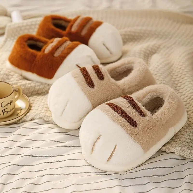 Cuddly cat paw slippers womens winter fluffy indoor home shoes woman warm animal claw slippers unisex furry slides shoes loafer 250402