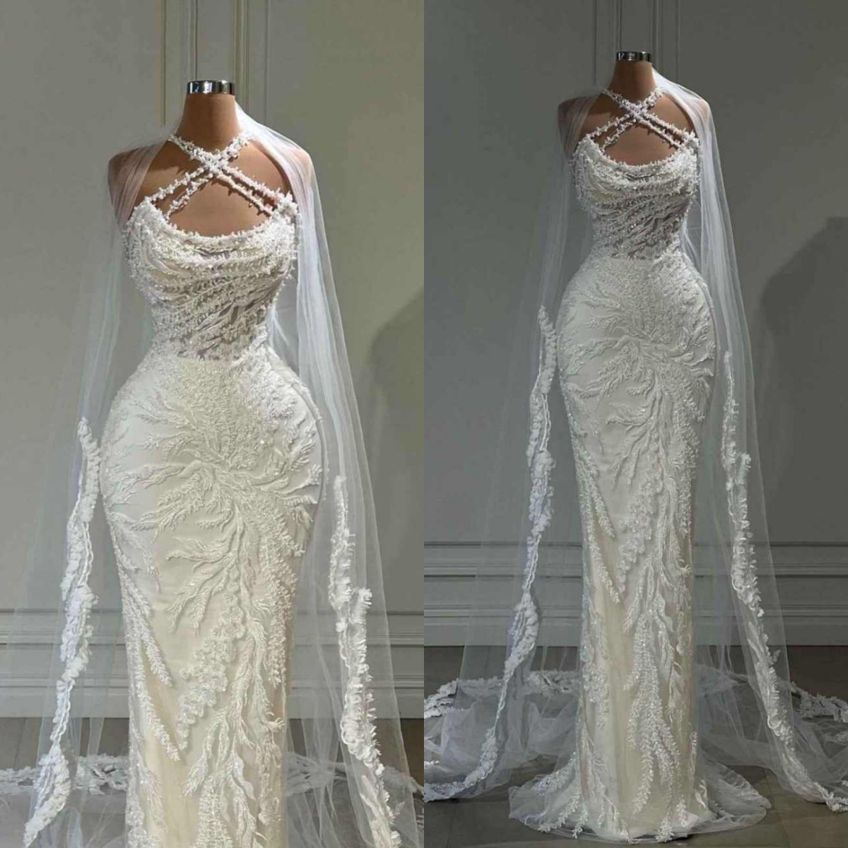 Charming Sequins Mermaid Wedding Dresses Halter Neck Sleeveless Bridal Gowns With Veil Appliques Customized Dresses