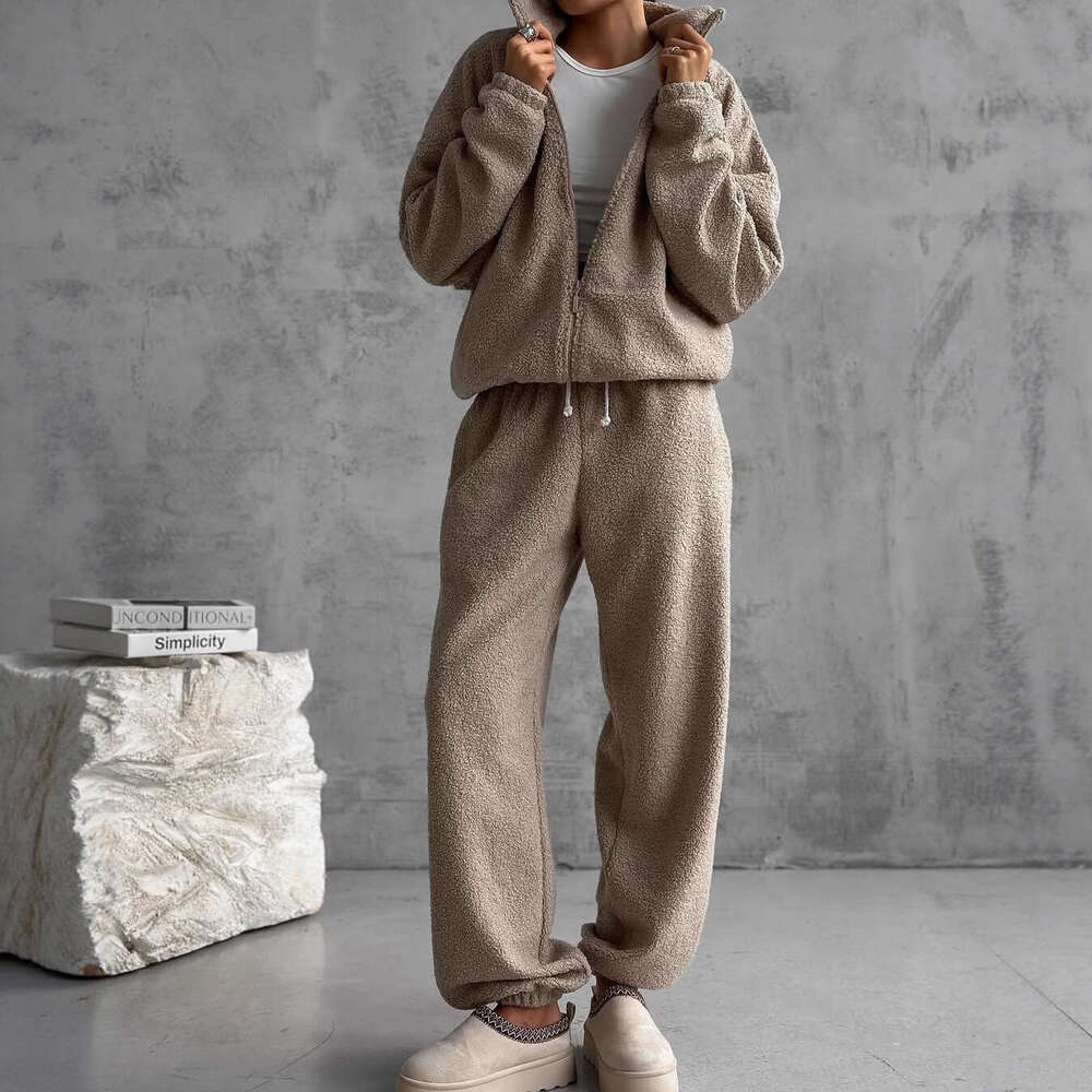 Cross-Border For Women, European American Style, Autumn And Winter New Sports Casual Fleece Cardigan Sweatshirt Set B5