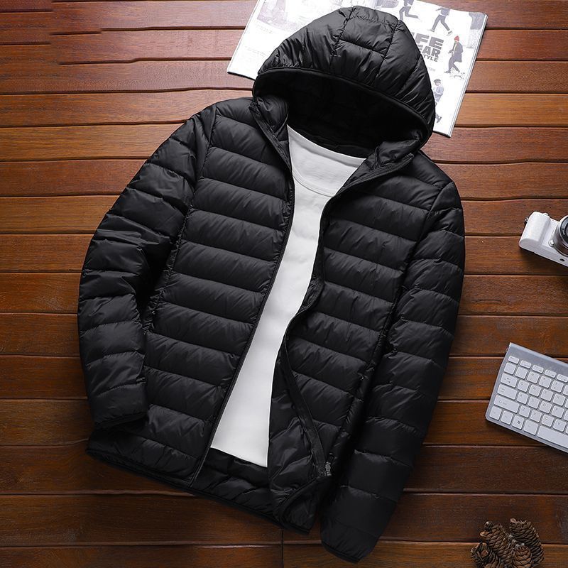 Stand Collar Hooded Down Cotton Jacket for Men, Lightweight Youth Short Style, Plus Size, Autumn Winter