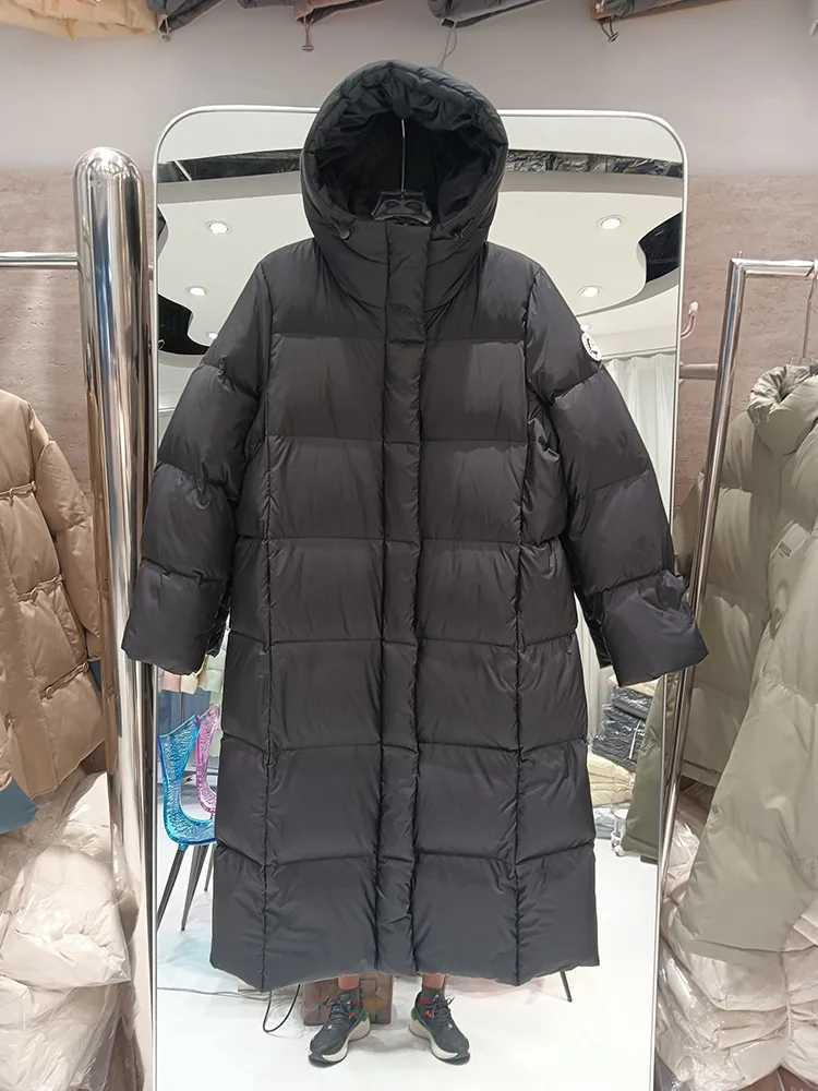 Winter Waterproof Puff Hooded Down Jacket Female Zipper Long Parker Outwears Women White Duck Down Warm Knee Length Down JacketsT251105