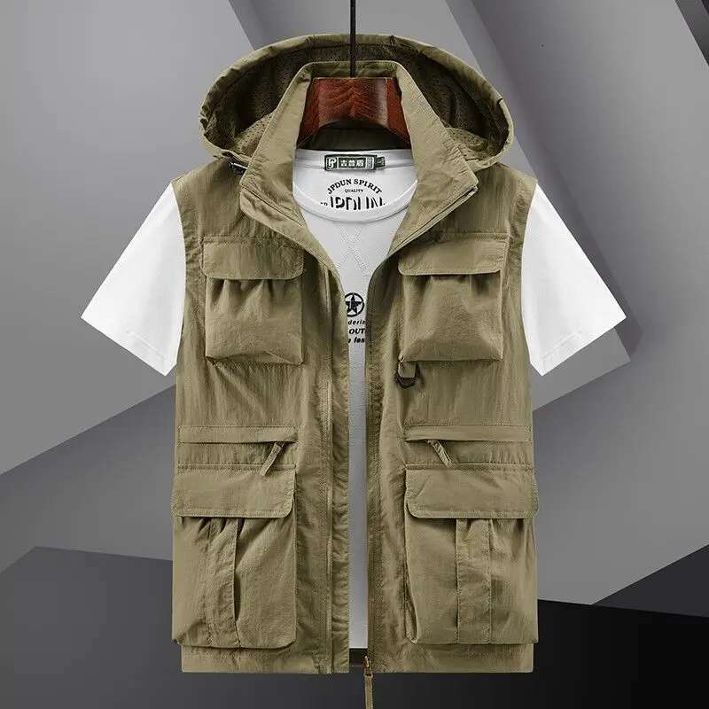 Spring New Outdoor Hooded Fishing Mens Solid Breathable Multi-Pocket High Quality Coat Detachable Hat Sports Vest Male