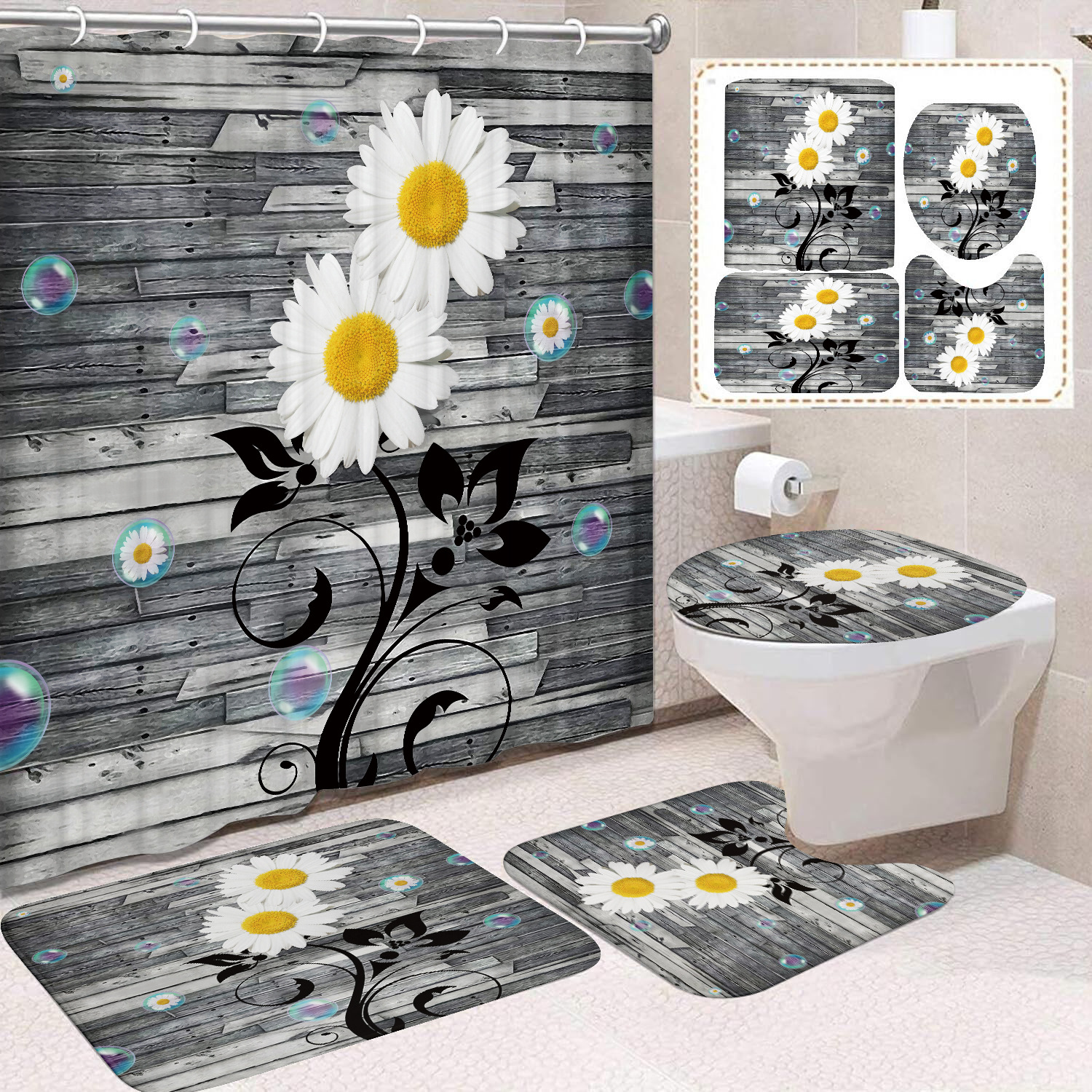 YL-37640 Factory Direct Watercolor Daisy Bathroom Shower Curtain/Toilet Partition Curtain/No-Drill Curtain/Shower Curtain