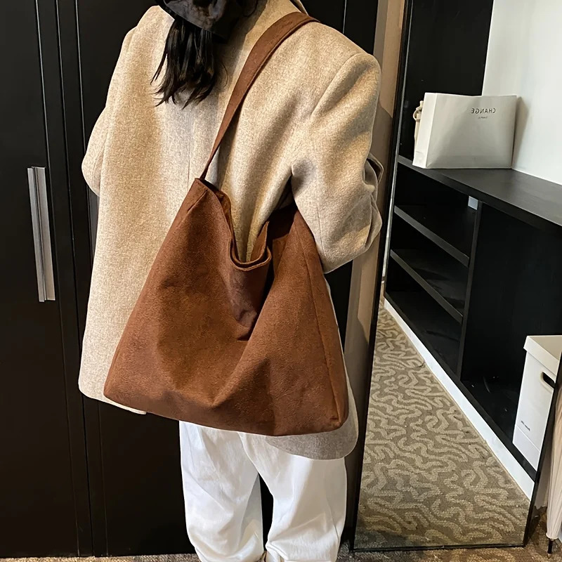 Vintage Soft Faux Suede Handbag Magnetic Clasp Fixed Strap Machine Washable Tote Bag for Womens Work Travel Shoulder Purse 251104