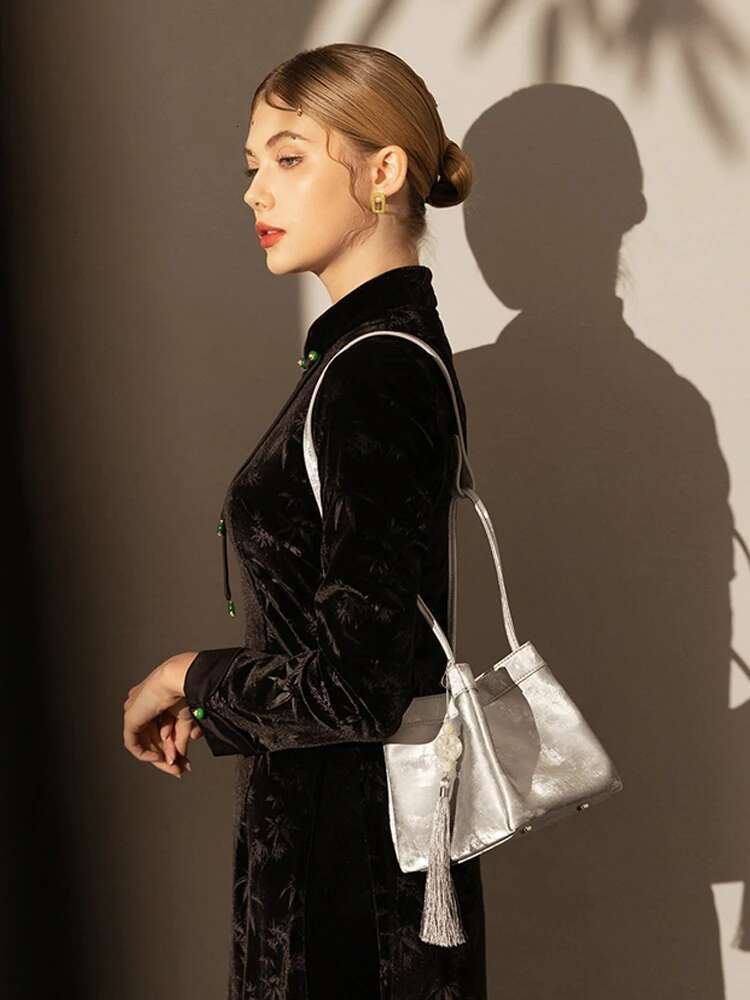 MABULA Brand Women's Chinese Style Genuine Leather Bag High Quality Designer Bucket Top Handle Purse 2024 Exquisite Girl Handbag