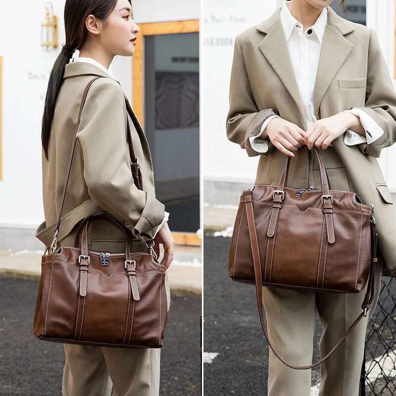 WOONAM Grain Genuine Calf Leather Bag Office Lady Large Boston Top Handle Shoulder Handbag WB695