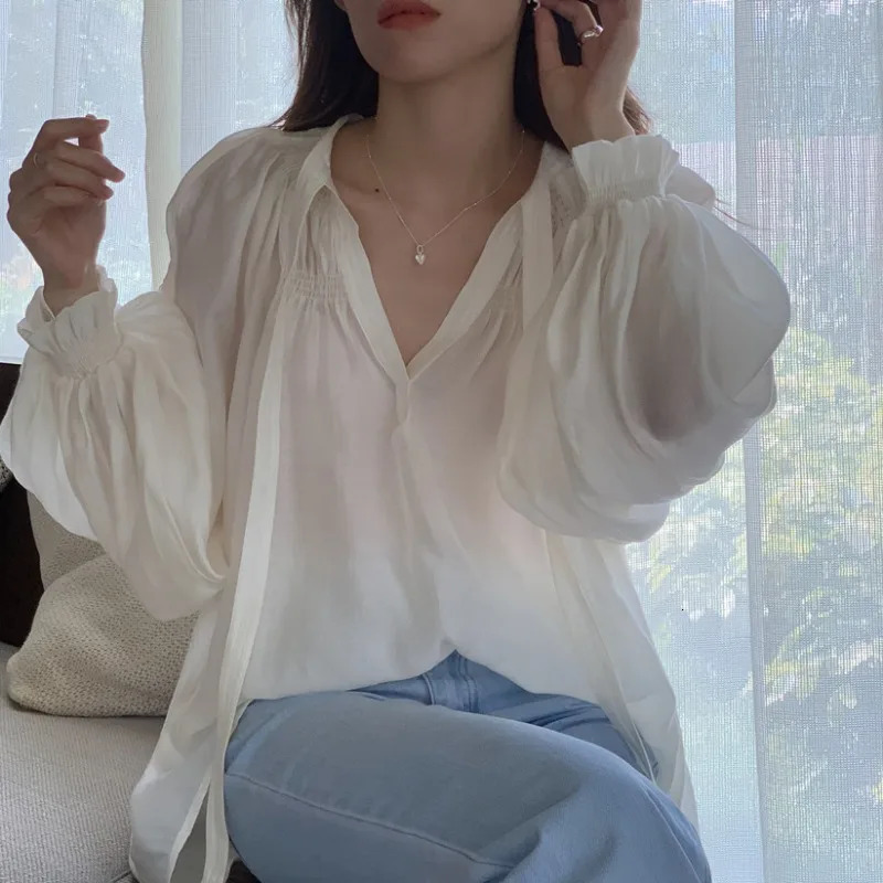 OceanLOVE V-neck Womens Shirt and Shirt Solid Color Korean Fashion Elegant Blue Womens Spring Autumn Sweet Carmicha Top 250402