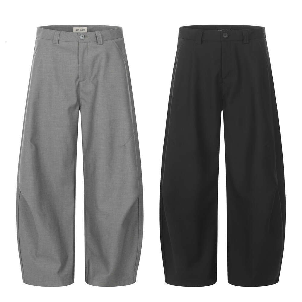 Men's Curved Knife with Pleated Design, Wide-Leg Casual Long Pants, Vibe Trendy Brand, American Style Solid Color Loose Banana Pants