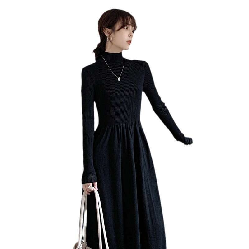 Coat Inner Layer Hepburn Style French Sweater Black Half Turtleneck Base Knitted Dress For Women Autumn Winter B5