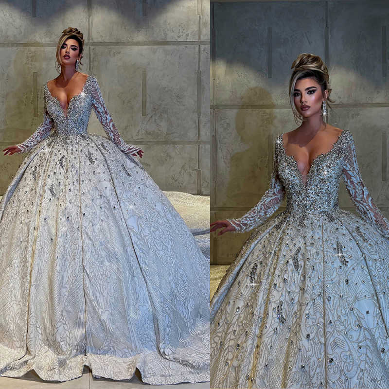 Luxury Wedding Dresses V Neck Long Sleeve Shiny Beaded Rhinestone Ball Gown Formal Occasion Dresses Customized Vestidos De Novia