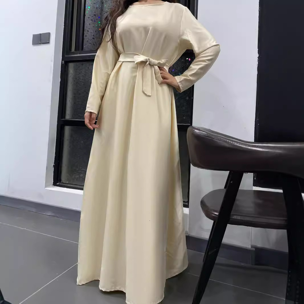 Autumn French Solid Color Interior Soft Satin Dress Dubai Home Reception Robe Abaya Maxi Dresses Islamic Clothing