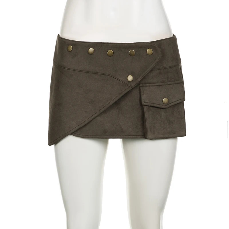 SUCHCUTE Vintage Suede Low Waist Rivet Short Skirt Y2k Aesthetic 90s Korean Clothing Sexy Women Mini Skirts Fairycore Streetwear 250402