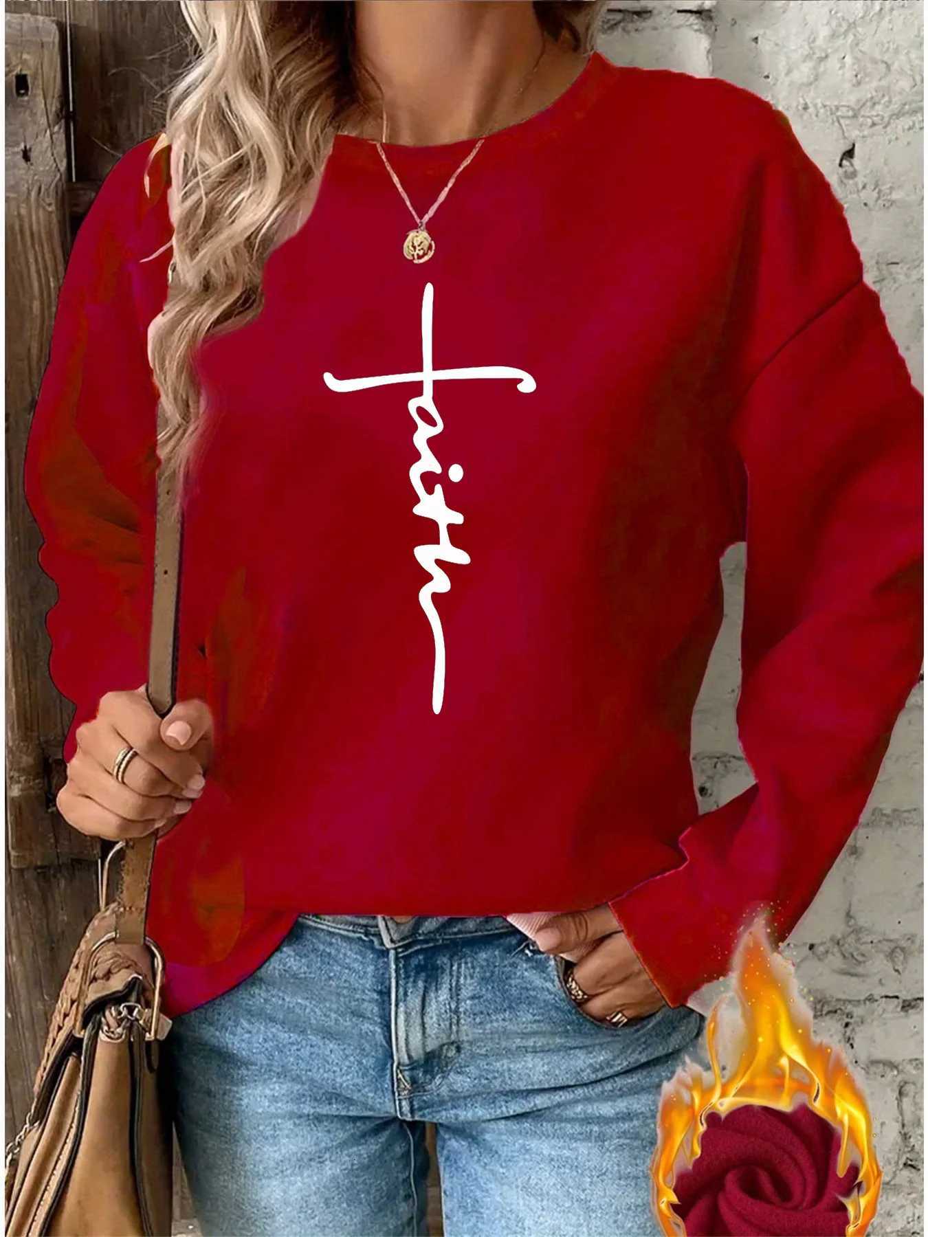 Womens autumn and winter casual fashion loose comfortable warm cross faith graphic printed round neck long sleeved pulloverT251105