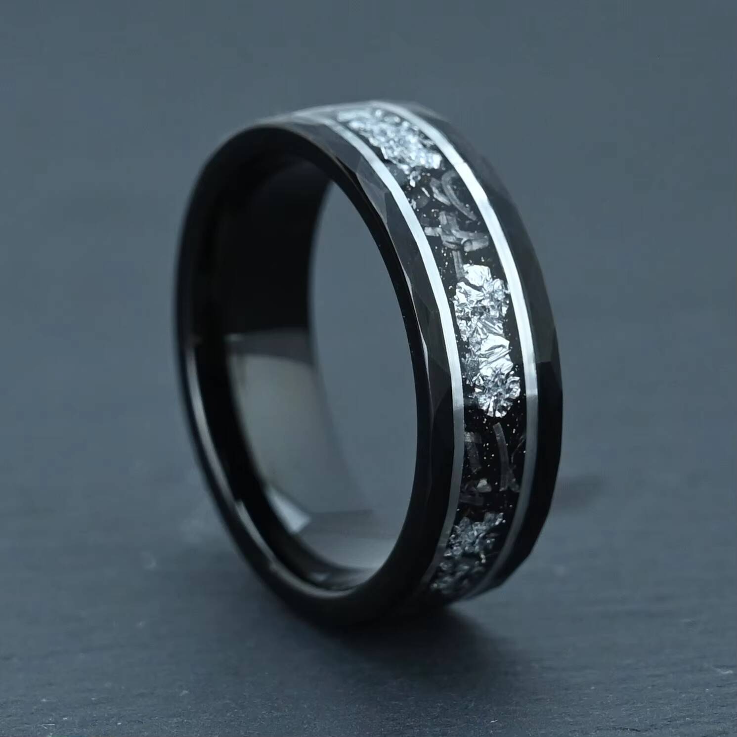 8mm Black Hammered Tungsten Silver Leaf and Meteorite Inlay Ring Vintage Luxury Wedding Band for Men Luxury Wedding Band