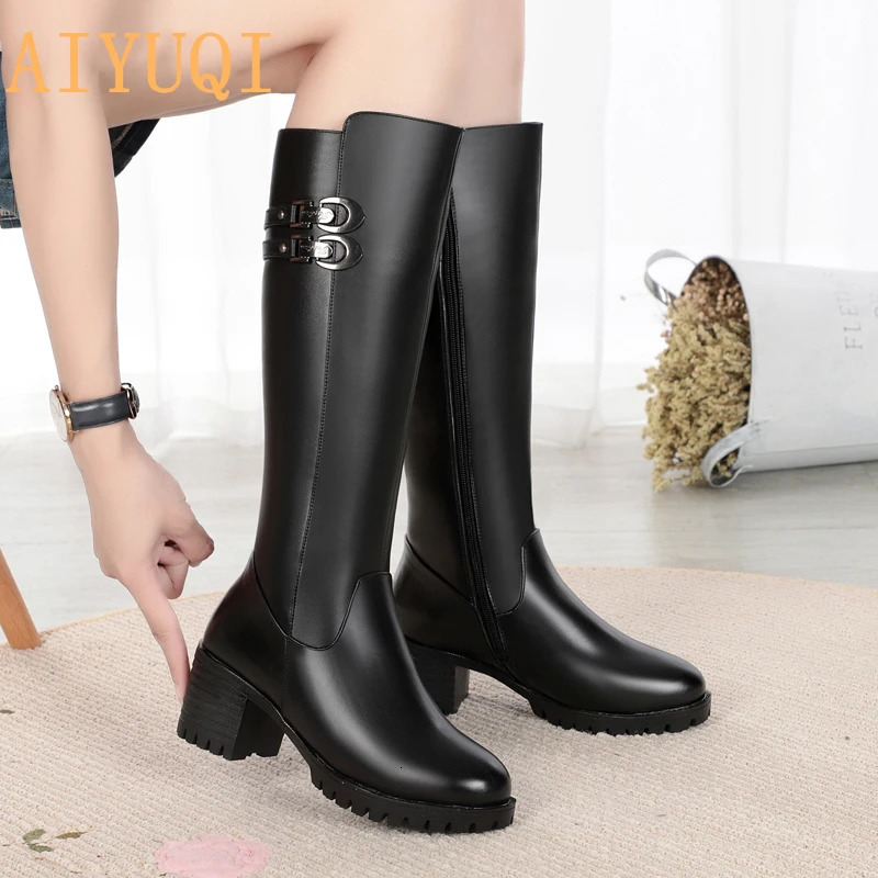 AIYUQI Women Genuine Leather Winter Wool 2025 High Heel High Boots Big Size 41 42 43 Warm Snow Boots Women 251031