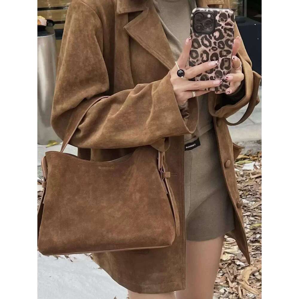 Ins Chic Elegant Design Coffee Solid Color Winter Tote Nubuck Leather Women Single Shoulder Bag Mattte Cowskin Female Handbag