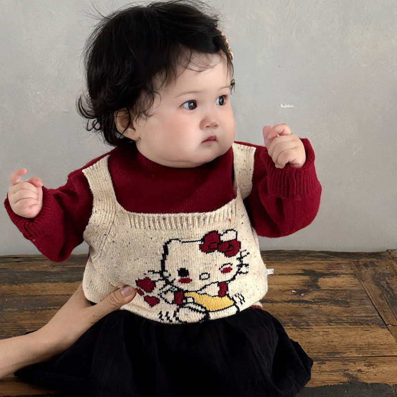 Sanrio Girls Autumn Winter Fake Two-Piece Sweater 2025 New Korean Style Baby Cute KT Cat Knitted Top Infant Stylish Top H251105