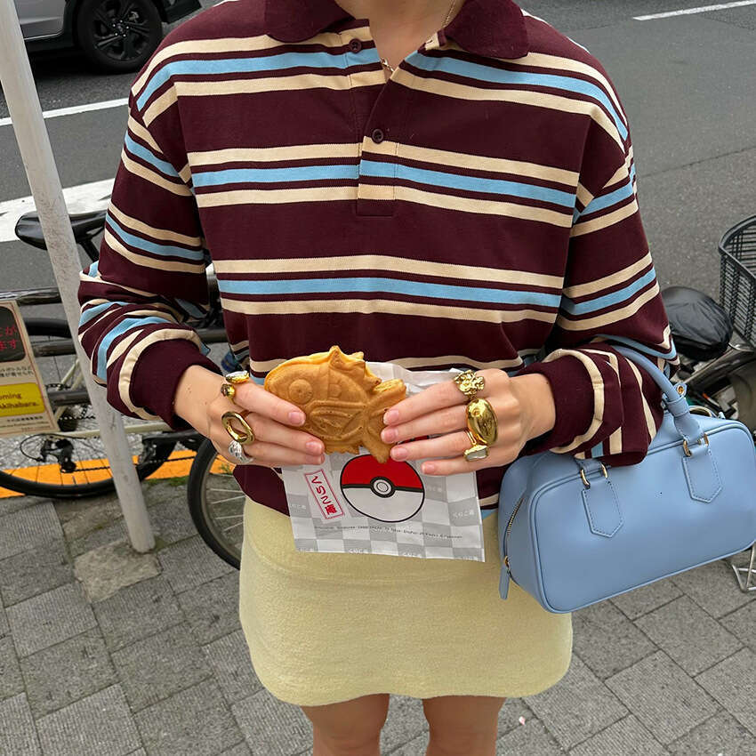 Summer New Loose Polo Collar Striped Long Sleeve Women's T-Shirt Design Sense Elegant Casual 2025 Cross-Border Commuting