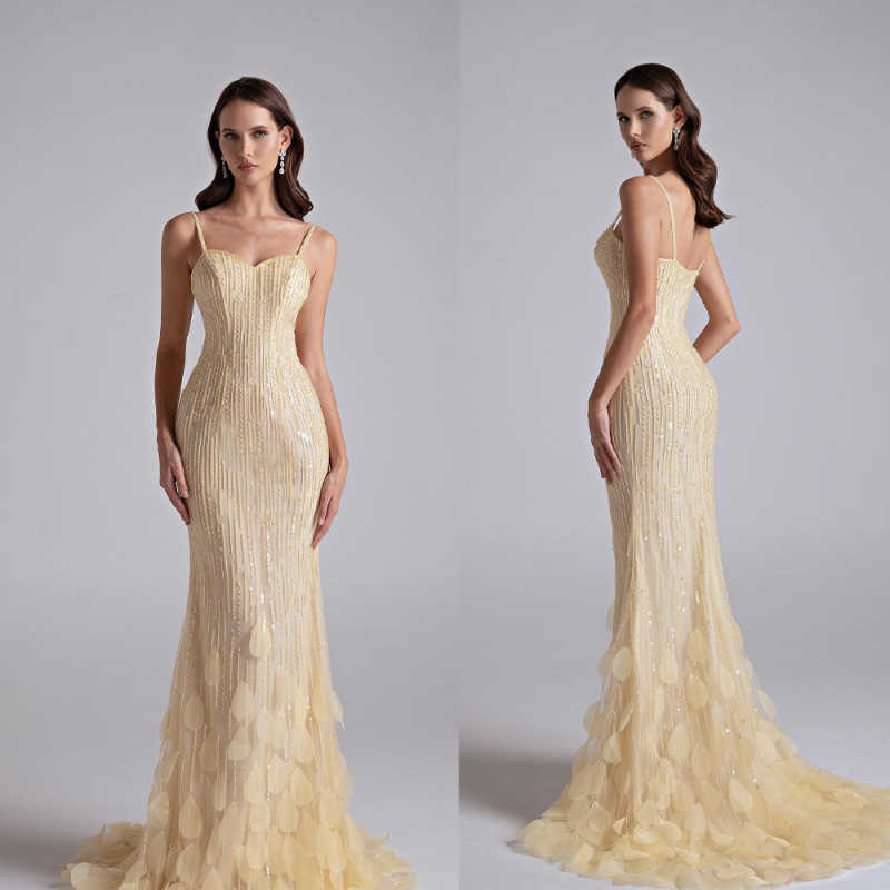 Sexy Gold Sequin Evening Dresses for Women Luxury Crystal Beaded Prom Dress with High Slit Formal Party Mermaid Gown for Gala