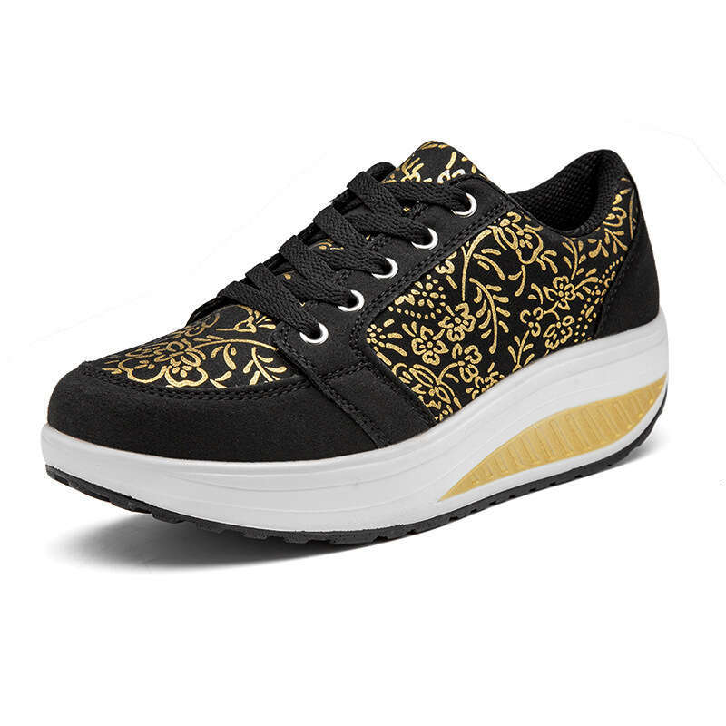 Spring round toe women's front lace up adhesive black low cut sports textile category shoes, wedge heel shoes for women