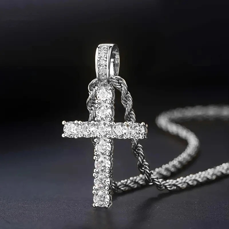 Iced Out White Gold Plated Cubic Zirconia Cross Pendant Necklace With Rope Chain Trendy Hip Hop Cross Faith Pendant Jesus Crystal Necklace For Men Wom