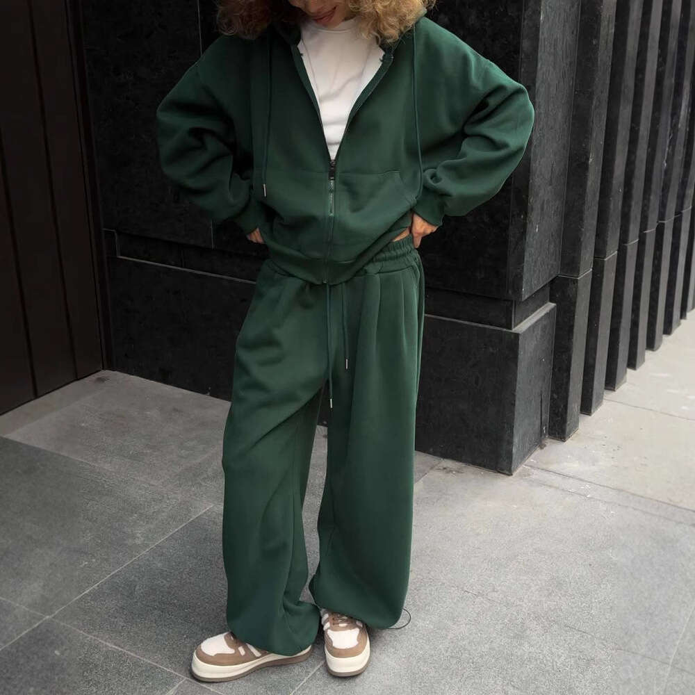 European American Fashion Casual Sleeve Hooded Sports Cardigan And Long Pants Two-Piece Set Women's Autumn Winter Cotton Sweatshirt B5