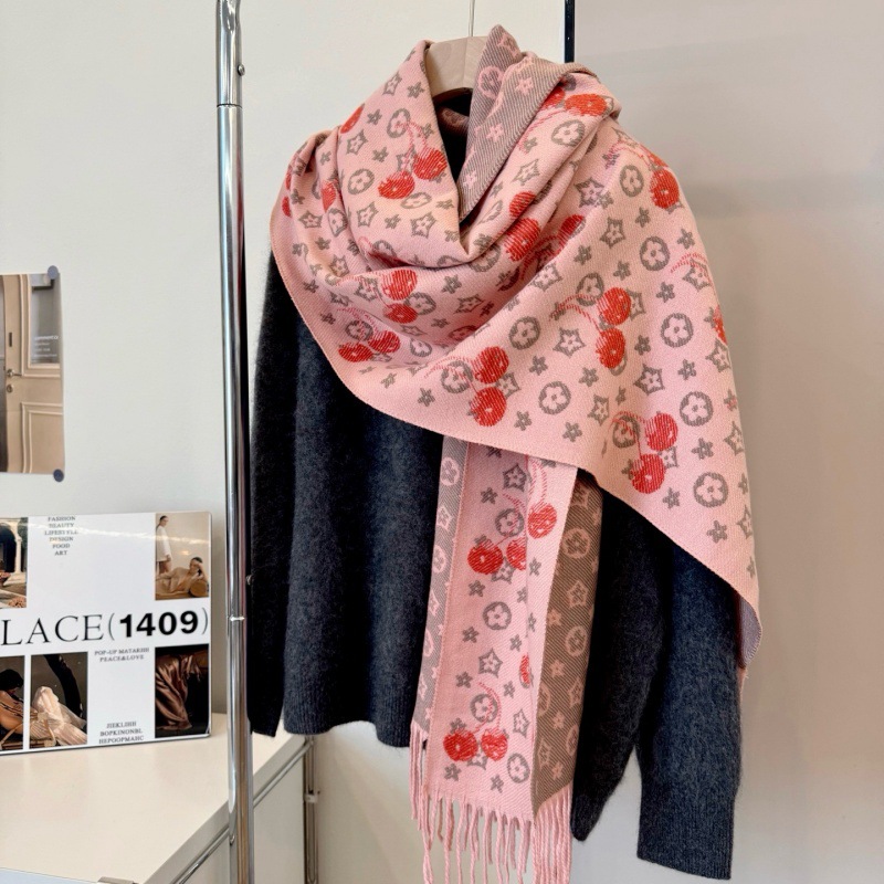 Vintage Style Cherry Blossom Double Sided Scarf Ladies Autumn And Winter Warm Tassel Shawl Scarf Fashionable And Versatile Imitation Cashmere Scarf