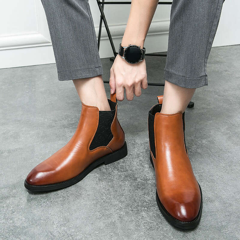 Large size elastic band carved Chelsea boots for men, sizes 38-46, business formal boots, British high top leather shoes