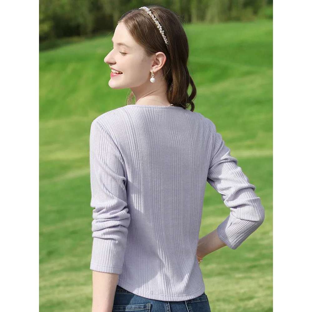 Fake Two Pieces T Shirt Pullover Women 2025 Spring New Purple V Neck Design Long Sleeved Slim Thin Tops