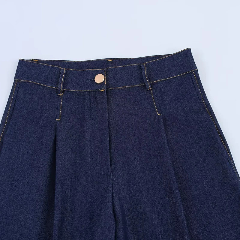 Willshela Womens Fashion Denim Blue Folded Front Zipper Straight Pants Jeans Retro High Waist Full Length Trouser 250403