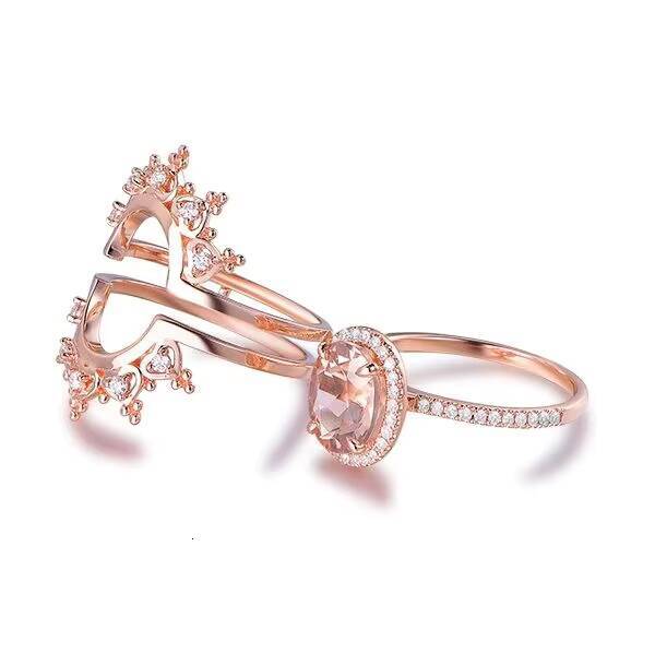 925 Sterling Silver Unique Tiara Design Fine Oval Pink Morganite Ring Set