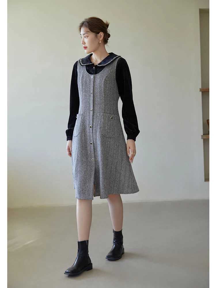 DUSHU Womens Retro Plaid U-neck Vest Skirt Pocket Design Button Placket Design Long Woolen A-line Dress Women Winter Dresses J251105