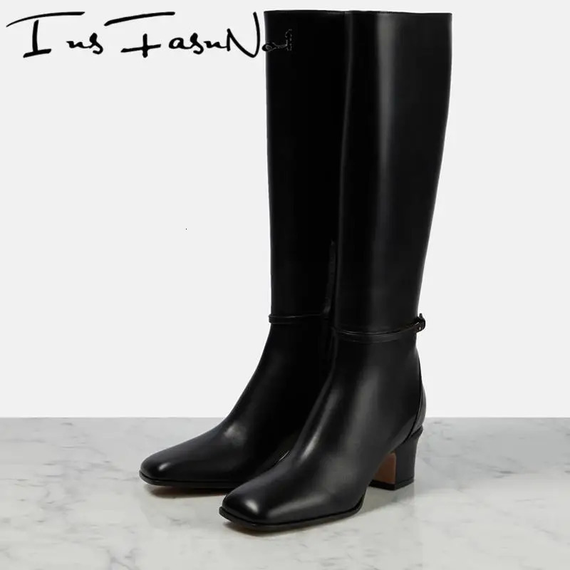 Genuine Leather Square Toe High Heels Knee High Women Boots Solid Color Zipper Pleated Fashion Western Style Sexy Female Shoes 251031