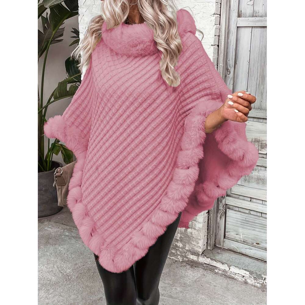 Cozy Sweater Cozy Lightweight Women's Faux Fur Trimmed Oversized Cape Ruffled Hem Cardigan In Brown Gray | Perfect For Fall & Winter, Casual To C