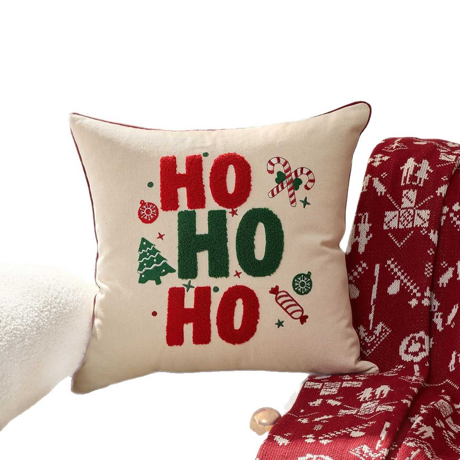 1Pcs Red Christmas Embroidery HOHOHO Snowflake Gingerbread Man Cushion Pillow Cover Festive Home Decor Accessory Y251105