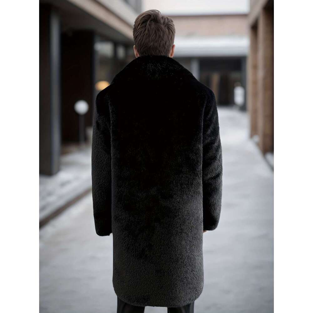 Warm Coat Winter Warm Faux Fur For Men | Thickened Fece-Lined Long Coat With Lapel Collar, Sing-Breasted Button Front Pockets, Black Casual & Business