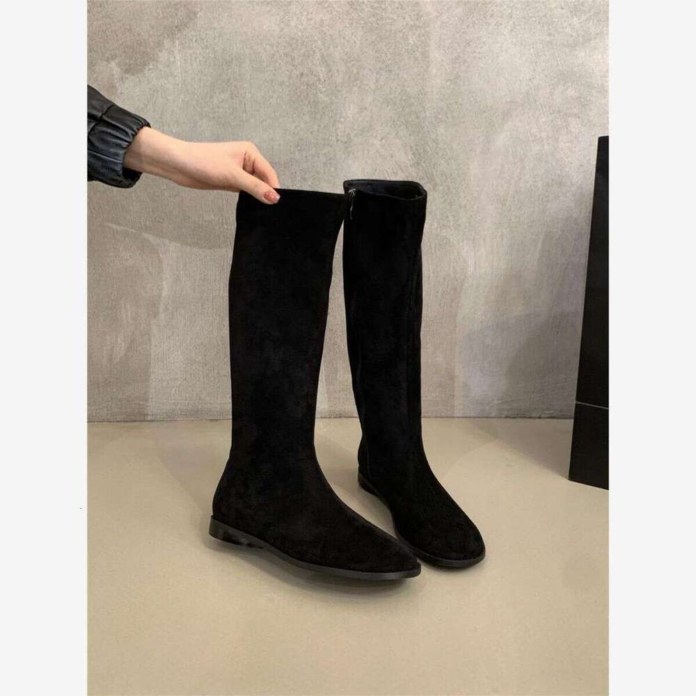 Trendy Korean Style Versatile Flat Round Toe High for Women Over-the-Knee Single Melad Slim Long Tube Designer Shoe Riding Boots