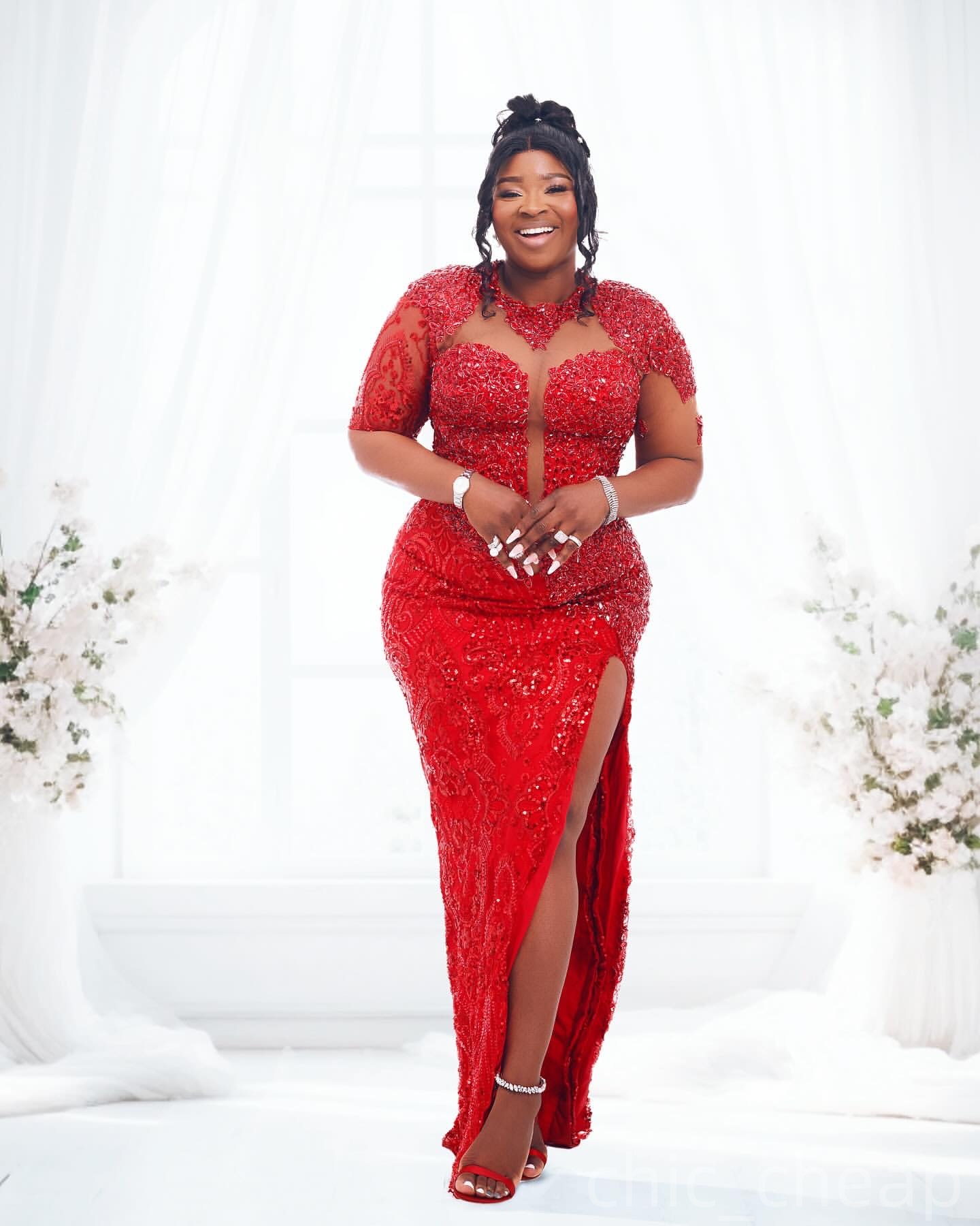 Sheath Red Prom Dresses 2026 Beaded Crystals High Split Sequined Evening Formal Party Second Birthday Engagement Gowns Plus Size Dress For Special Occ