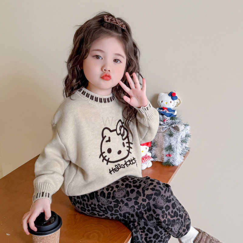 Sanrio Girls Sweater Autumn 2025 New Fashionable Childrens KT Cat Knit Sweater Round Neck Autumn Winter Pullover Knitted Top H251105