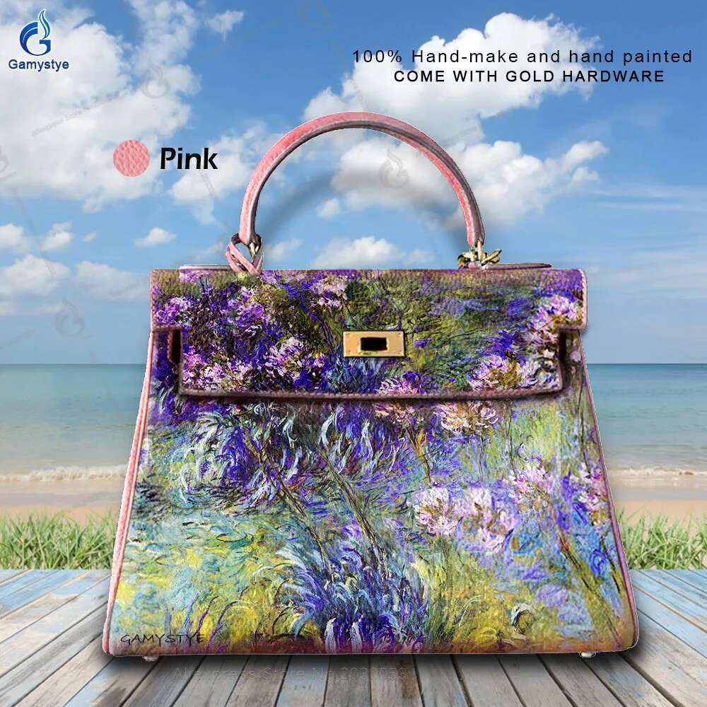 Handmake Women Handbags Genuine Leather Totes Lady Art Hand Painted Van Gogh Wers Bags Women's Cross Body Shoulder Handbag