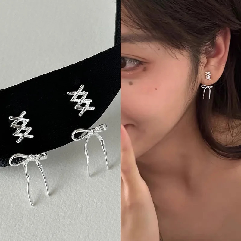 Silver Bow Female Stud Earrings 2024 Fashionable and Elegant Ribbon Pendant Party Jewelry Accessories 250326
